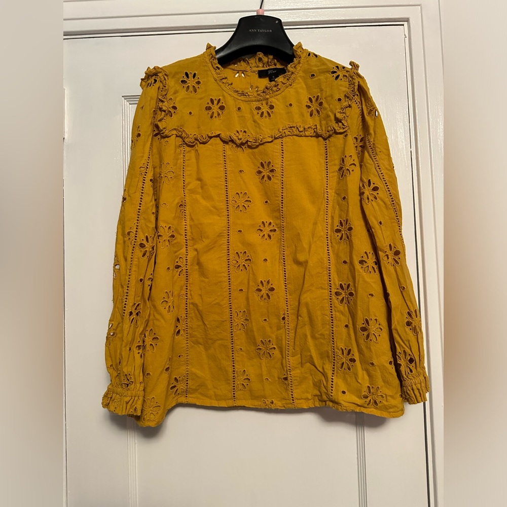 JCrew ruffle neck long sleeve eyelet top